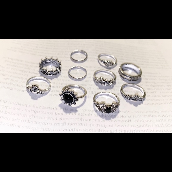 10 Pc Silver Trendy Boho Flower Hearts Stackable Ring Set - Picture 3 of 3